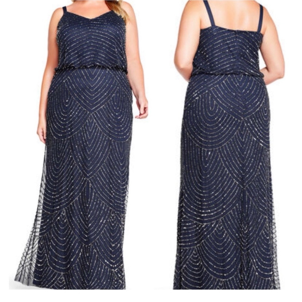 NWT 20w Adrianna Papell Navy Beaded Gown Dress with Spaghetti Straps